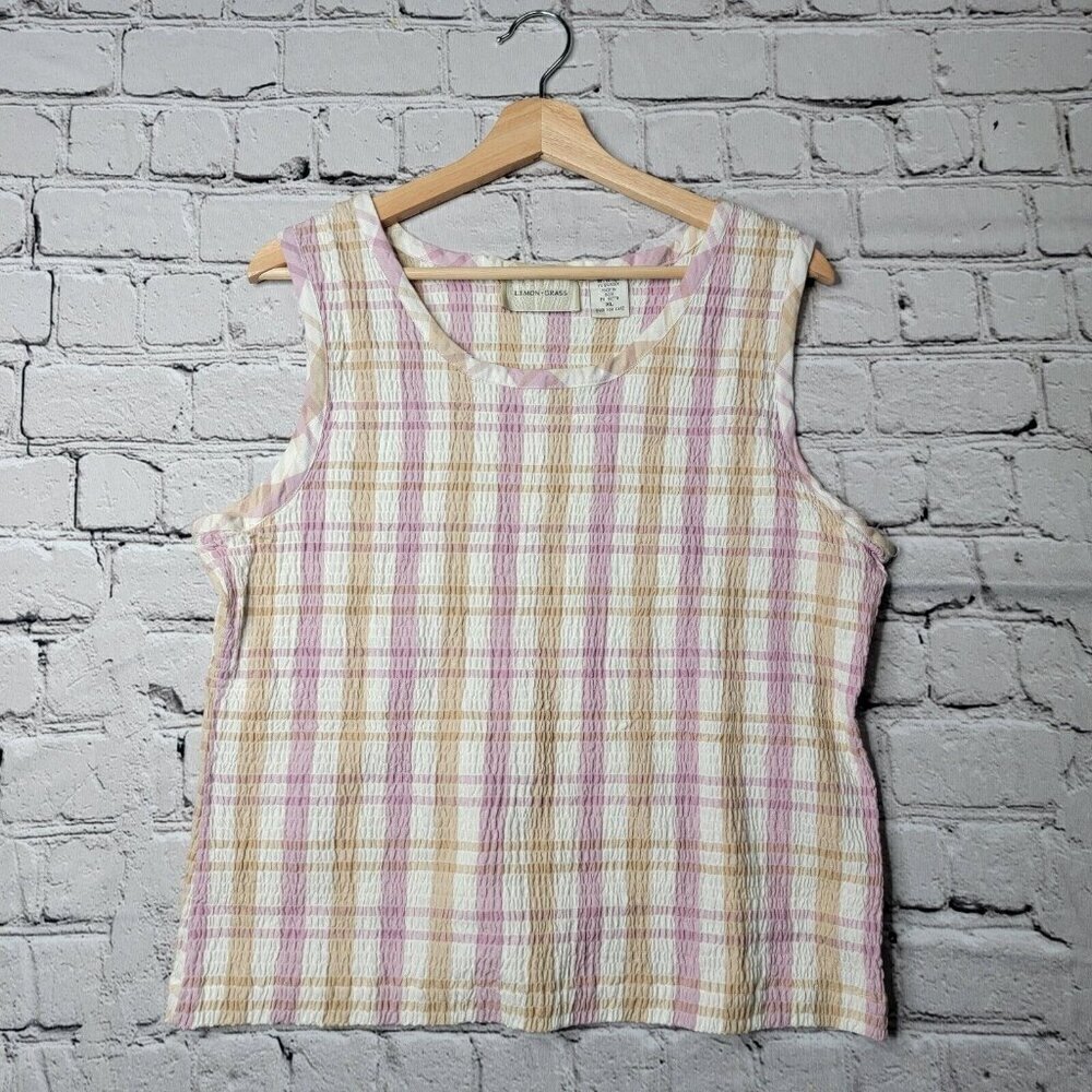 Lemon Grass Picnic White Purple Sleeveless‎ Scrunch Texture Top Size XL